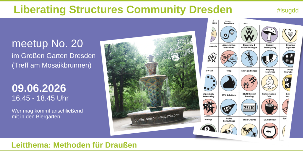 Logo und Informationen zum 20. meetup der Liberating Structures Community Dresden mit einem Bild vom Mosaikbrunnen, der Treffpunkt sein wird
