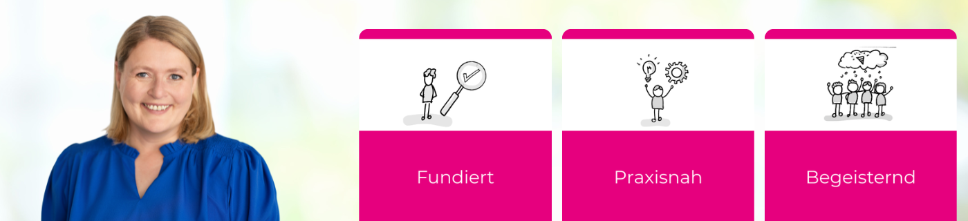 Kommunikationstraining fundiert, praxisnah und begeisternd symbolisiert durch selbst gezeichnete Figuren mit Lupe, Glühbirne, Zahnrad und einer Denkblase mit Konfetti