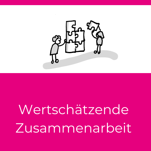 Gute Kommunikation entscheidet über Wertschätzende Zusammenarbeit, symbolisiert durch zwei Figuren, die gemeinsam ein Puzzle lösen