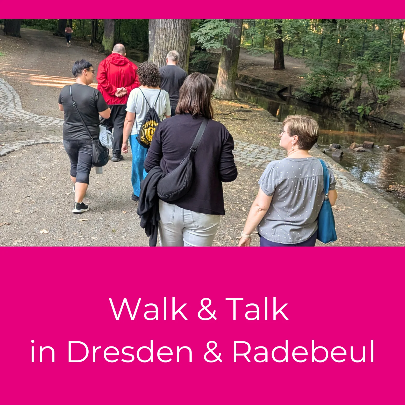 Ein Gruppe Menschen spaziert im Wald und unterhält sich: Walk & Talk in Dresden und Radebeul mit Kommunikationstrainerin Sandra Richter